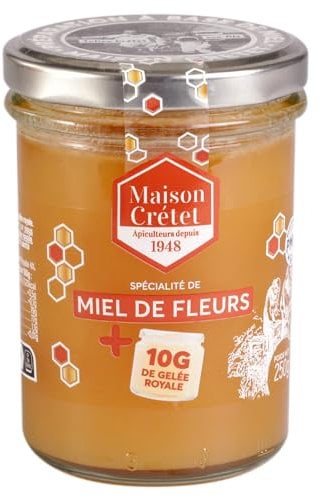 Maison Crétet | 1 pot de Miel de fleurs et gelée Royale 250g | 10g de gelée royale dans ce pot | Pot verre | élaboré en Charente-Maritime | préparation en pot de 250g