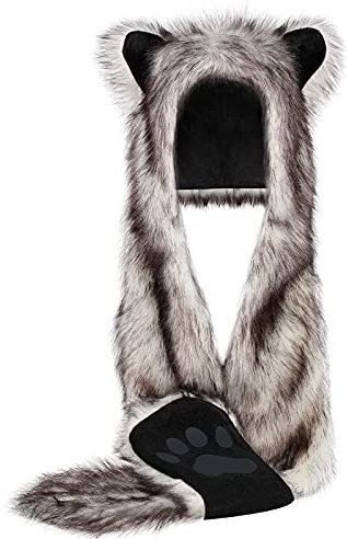 Wolfs-Kunsttier-Kapuzen, Mütze, Fäustlinge, Handschuhe, Schal, Pfoten, Ohren, Wolf Zubehör, weiß/schwarz, Medium