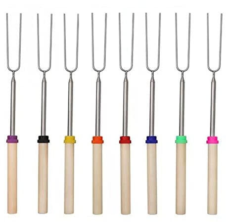 Angeer Retractable BBQ Grill Forks 8-Piece Set, Extendable Camping Skewers for Grilling, Stainless Steel 81cm/32Inch Roasting Sticks for Outdoor Cooking, Picnic, Backyard, Bonfire(Wooden Handle)