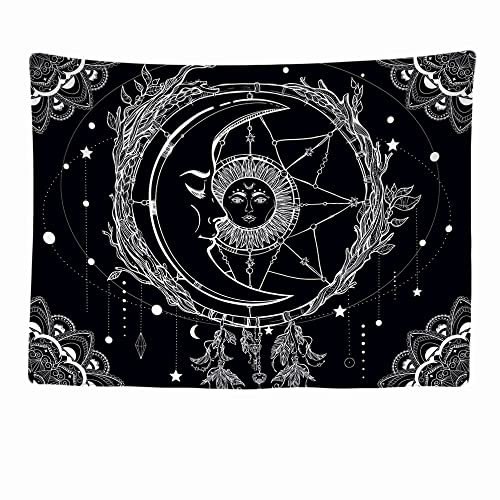 Ulticool - Wandteppich Dekoration Wohnung - Sonne Mond Mandala Schwarz Weiß Tarot - 200 x 150 cm groß - Wandtuch Wandbehänge - Accessoires für Schlafzimmer Wohnzimmer Kinderzimmer
