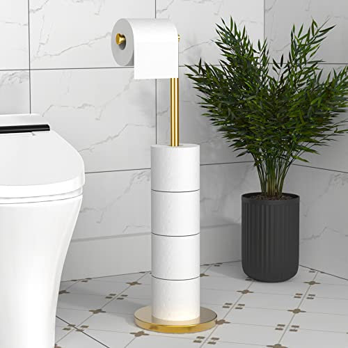 HITSLAM Gold Free Standing Toilet Roll Holder with Heavy Duty Base, SUS304 Stainless Steel Freestanding Toilet Paper Holder with Reserve, Toilet Roll Storage Stand for Bathroom