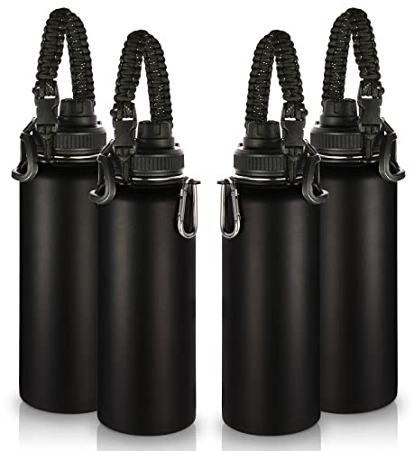 Volhoply Insulated Water Bottles Bulk 4 Pack, 1200ml Stainless Steel Sports Bottle with Paracord Handle & Spout Lid, Double Wall Metal Travel Water Cups with Wide Mouth for Cold Drink(Black,4 Set)