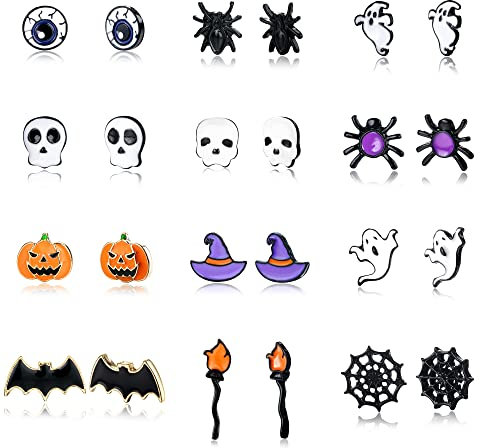 CASSIECA Halloween Ohrringe Set - 12 Paar Ohrstecker für Damen & Kinder - Gruselige Schmuck Sets mit Kürbis, Spinne, Fledermaus & Geist Design