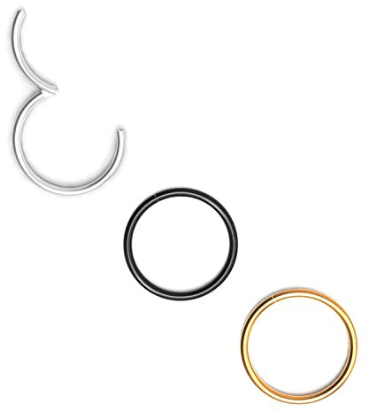 Body CAC 3 Stück-0,8mm×6mm 316L Chirurgenstahl Hinged Nose Rings Hoop Piercing Lip Helix Knorpel Rook Ohrringe, Gold/Silber Ton/Schwarz