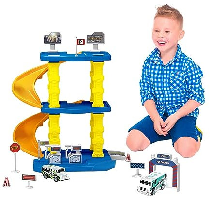 Sobebear 21 Pcs Kids 3-Level Car Racing Track Toy Set - Parking Lot Garage Adventure with Race Military Trucks, Building Toy for Boys 3+ Years, Yellow