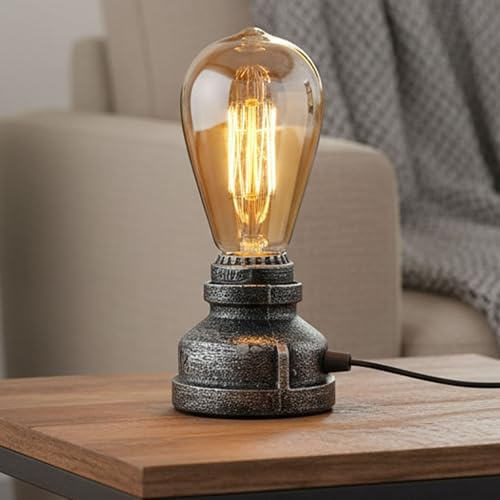 LEDSone Vintage Steampunk Pipe Table Lamp Brushed Silver E27 Desk Light | Brushed silver finish | Metal pipe design | E27 fitting | Ideal for bedroom, living room, office & bedside décor