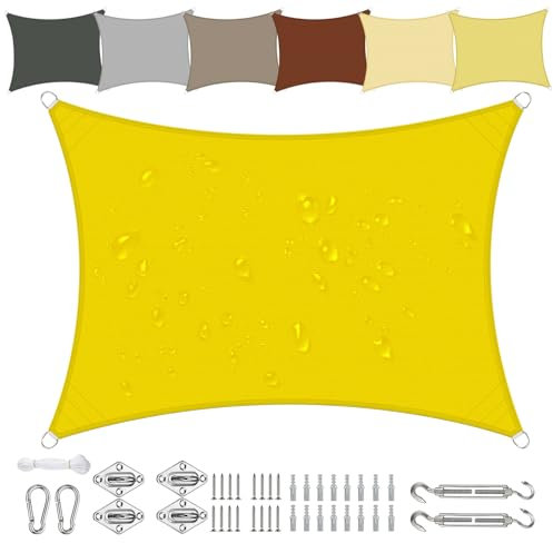 Sonnensegel Wasserdicht Rechteckig 4x5m aus PES-Polyester 95% UV-Schutz Witterungsbeständig Reißfest in Vielen Größen und Farben mit Befestigungsset für Terrasse Garten Balkon-Gelb