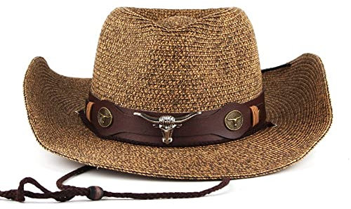 Baokuan Chapeau De Cowboy De Paille pour Hommes pour Femmes Larges Rond De Occidental Style Vintage avec Corde À Vent Chapeau Cow-Girl pour Plage Extérieur