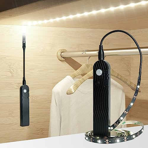 Sensky Rechargeable Motion Sensor Light, Battery Powered LED Strip Lights,Dimmable Under Cabinet Lighting with PIR Motion Sensor for Wardrobe, Cupboard, Hallway, Stairs(2M, Cool White,Black)
