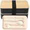 Grippi Ring Bento Box Adult Lunch Box - Silicone and Bamboo Lunch Container for Meal Prep - with 2 Stackable Food Containers, 1 Removable Divider, Eating Utensils, Strap (4 Hx7 Lx4 W, Black)