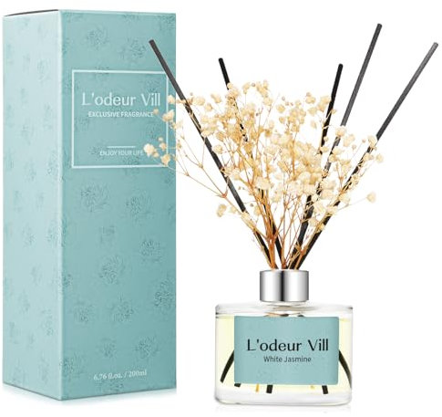 L'odeur Vill Room Fragrance Reed Diffuser with 6 Fragrance Sticks 200 ml – Jasmine, Natural, Long-Lasting, Home Fragrance Essential Oil Reed Diffuser for Bathroom Shelf Decoration.