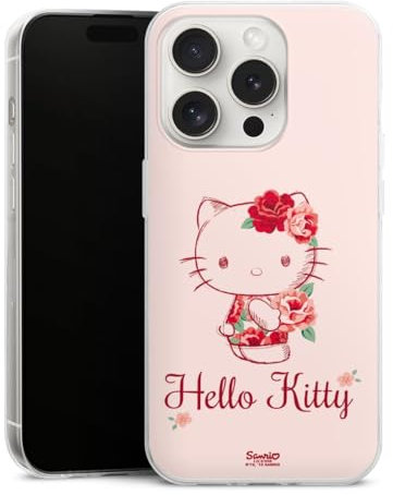 Slim Case extra dünn kompatibel mit Apple iPhone 15 Pro Silikon Handyhülle transparent Hülle Hanami Hello Kitty Blume