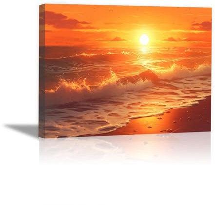 JOSUE Strand Poster Leinwand Wandbilder, Sonnenuntergang Am Meer Orange Bild GemäLde FüR Wohnzimmer Schlafzimmer Badezimmer KüChe Wanddekoration -30x40cm Gerahmt