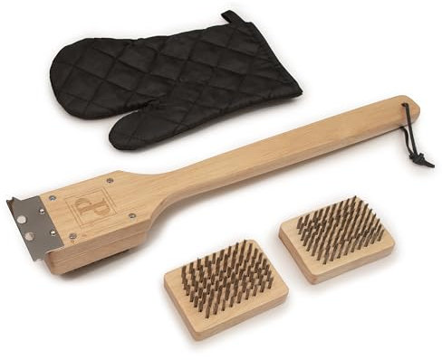 PRINTADECO Grillbürste aus exotischem Holz, großes Modell, 42 cm, mit einem Handschuh, 2 Ersatzbürsten, Schaber, modular, umweltfreundlich und wirtschaftlich, exklusives Konzept