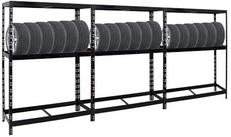 PROREGAL Mega Deal 3X Étagère à pneus Tiger | HxLxP 180x130x50cm | jusqu'à 36 pneus | avec Tablette | Noir | Porte-Pneu, Rayonnage, Stockage, Rangement de pneus, Atelier, Garage