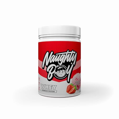 Naughty Boy Advanced Whey Protein Powder, 22g Protein, Low Sugar, Easy Mixing Recovery Shake, 900g, 30 Servings, Strawberry Milkshake