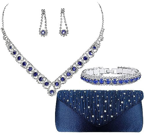 Jamron Damen Zirkon Strass 4 Stücke Schmuck und Clutch Set für Hochzeit Prom Abend Party SN0708187-2 Blau-A