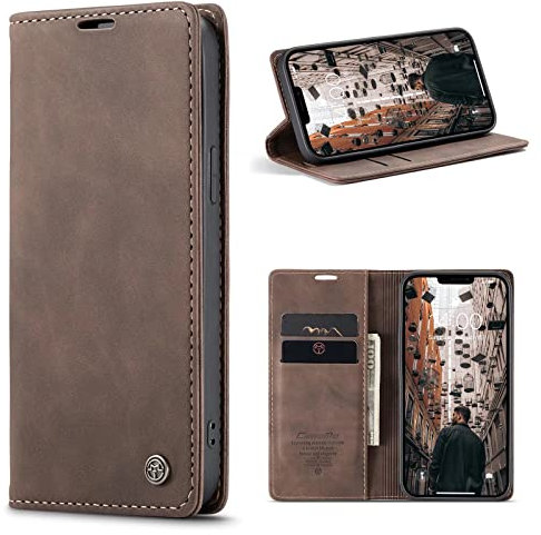 CaseMe Hülle für iPhone 15 Pro Max Vintage Dünne Handyhülle mit Kartenfach Geld Slot Ständer PU Ledertasche Flip Schutzhülle für iPhone 15 Pro Max- Kaffee Braun