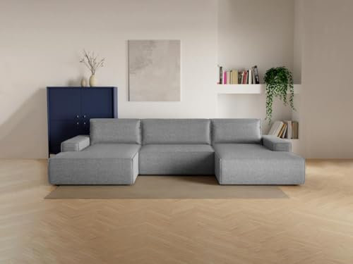 Vente-unique-Große Wohnlandschaft mit Schlaffunktion - Strukturstoff - Grau - Amelia
