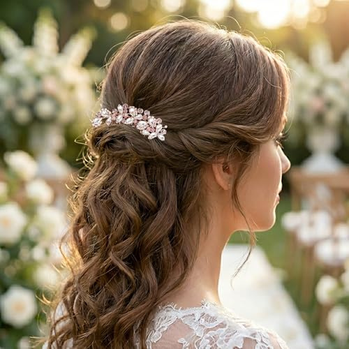 Crystal Wedding Hair Comb Silver Bridal Headpiece Bride Sparkly Rhinestone Hair Side Comb Bridesmaid Pearl Hairpieces Side Combs Hair Accessories for Women (Rose Gold)
