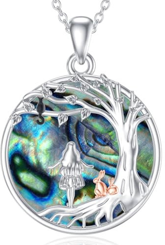 Flpruy Alice im Wunderland Lebensbaum Kette Damen 925 Sterling Silber Anhänger mit Kaninchen Märchen Schmuck Geschenk für Frauen Mädchen