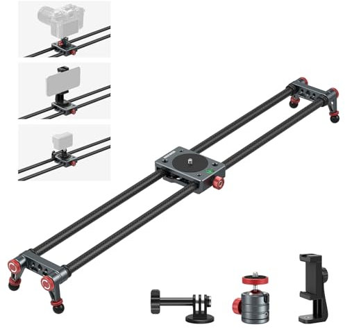 NEEWER 60cm Kohlefaser Kamera Slider Dolly Slider Schiene mit 360° Kugelkopf/Handyklemme/Action Kamera Halterung, 4 Lagern und verstellbaren Beinen, kompatibel mit GoPro Insta360 iPhone Android, CS2M