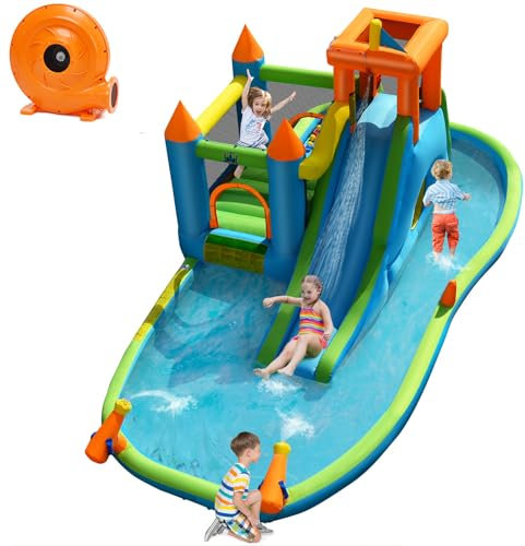 Maxmass Inflatable Water Park, Kids Bouncy Castle with Slide, Climbing Wall, Splash Pool, Trampoline and Water Cannon, Jumping Bounce House for Summer Playland (8-In-1, With 720W Blower)