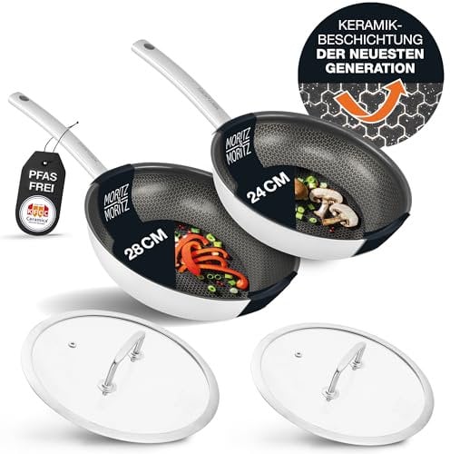 Moritz & Moritz Edelstahlpfannen mit Deckel 24 & 28cm und Keramikbeschichtung der neuesten Generation - für alle Herdarten geeignet - Antihaft Pfannenset Wabenstruktur zum Kochen, Braten und Schmoren