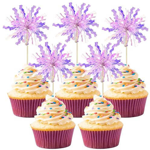 Gyufise 20Pcs Foil Firework Cupcake Toppers Happy Birthday Cake Toppers Tinsel Flower Drink Stirrers Cocktail Food Fruit Toothpicks for Valentine's Day Party Birthday Wedding Supplies Purple