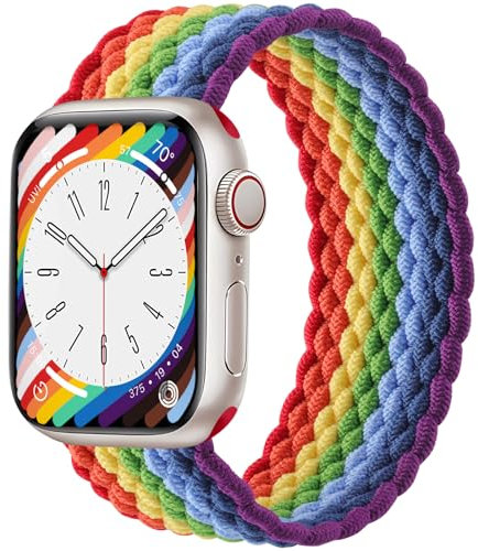 Zedoli Braided Solo Loop Compatible with iWatch Bands 38mm 40mm 41mm 42mm for Women, Stretchy Nylon Solace Bands Elastic Sport Wristband Straps for Apple Watch Series 10 9 8 7 6 5 4 3 2 1 SE, Rainbow