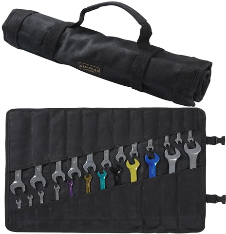 Wrench Roll,Heavy Duty 16oz Waxed Canvas Large Wrench Roll Up Pouch & Tool Bag, 24 Pockets Tool Roll Bag with Buckle