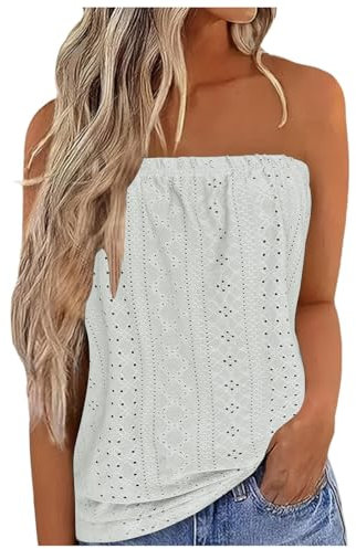 Summer Tops for Women UK Promotion Strapless Vest Tops Sleeveless Tube Bandeau Tops Casual Loose Fit Blouse Tunic T Shirts Trendy Plain T Shirt Eyelet Tees Tank Tops Clearance White