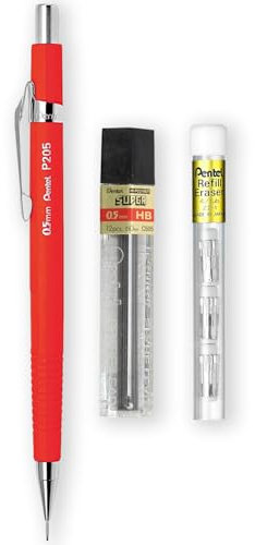 Pentel P205-97C Porte-mine automatique – Gamme fluorescente – Simple + 12 mines HB 0,5 mm Hi-Polymer + Tube de 4 recharges pour gomme Z2-1N (rouge fluo)