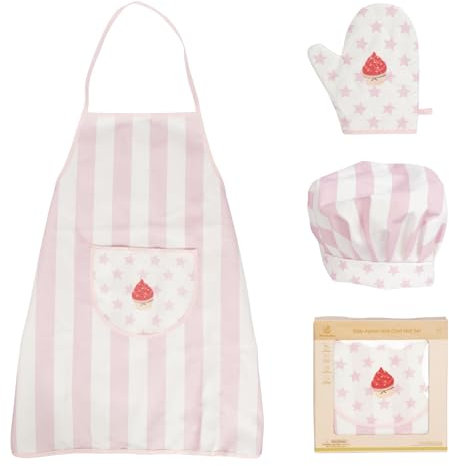 WOODENFUN Kinder Schürze Kochmütze Set Chef-Set für Kinder Kinderschürze Kochschürze mit Taschen, Backkochhut Gummiband, Sternenmuster Kochhandschuhe, Kinderrollenspiel