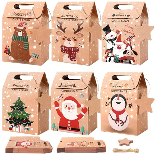 SEPGLITTER Geschenktüten Weihnachten, 24 Stück Papiertüten mit Griff und Geschenkanhänger Große Geschenkbox Verpackung aus Kraftpapier für Kekse, Schokoladen, Süßigkeiten Organizer