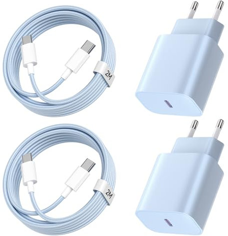 Cargador Carga Rapida para iPhone 16/16 Pro/16 Pro Max/16 Plus/15/15 Pro/15 Pro Max/15 Plus, 20W 2Pack PD3.0 Cargador USB C Enchufe con 2Pack 2M Cable Tipo C para iPhone - Azul