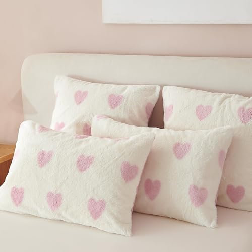 Freyamy Plüsch Kissenbezug 40x80cm 2er Set Rosa Weiß Herz Liebe Kunstpelz Flauschig Kopfkissenbezug Flanell Fleece Samt Biber Kissenhülle Warme Cashmere Touch Zierkissenbezug
