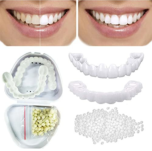 False teeth set,2 Pairs Teeth Dentures Teeth Teeth in Teeth Top and Bottom Fake Teeth on Veneers, Comfort False Teeth for Men and Women