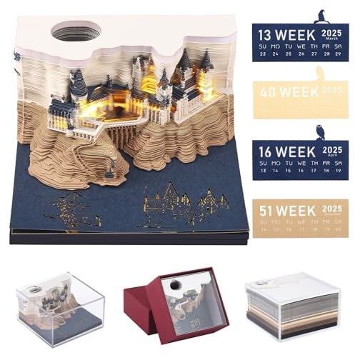 3D Kalender Abreißen 2025, 3D Castle-Wochenkalender, 3D-Tischkalender 2025, Magic Castle 3D-Notizblock mit LED-Lichtern und Stifthalter, Kunstkalender DIY Papierschnitzerei Schule Zuhause