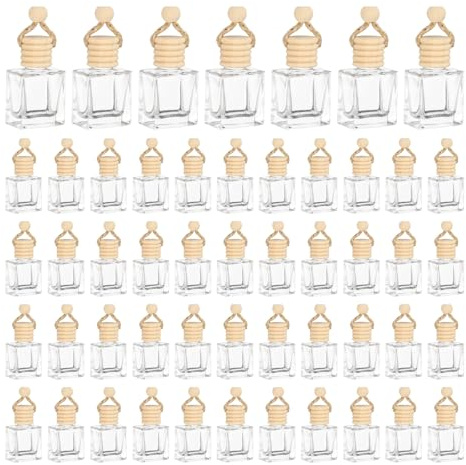 sourcing map 100pcs Hanging Car Air Freshener Perfume Bottle, 10ml Pendant Empty Clear Glass Essential Oil Aromatherapy Diffuser with Wooden Cap for Car Decor (Clear, Square)