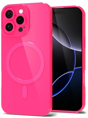 Svanove for iPhone 16 Pro Max Phone Case Silicone Magnetic, Compatible with Magsafe Case Cute for Women, Girly Bright Color Glossy Jelly Thin Slim Hard Mag Safe Rubber & Camera Cover, Neon Hot Pink