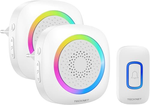 TECKNET Campanello senza fili, campanello a scatto con luce RGB, kit di campanello per porta wireless portatile impermeabile IP66, portata wireless 400 m, 60 campanelli e volume a 5 livelli (bianco)
