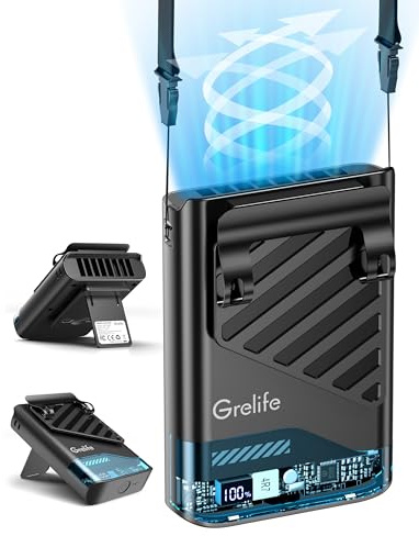 Grelife AI Portable Waist Fan Rechargeable,10000mAh LED Clip Fan,5 Speed 10000RPM 33ft/s Airflow,40H Runtime Hands-Free Neck Fan,Personal Wearable Cooling Fan for Outdoor,Camping,Jobsite,Travel(Black)