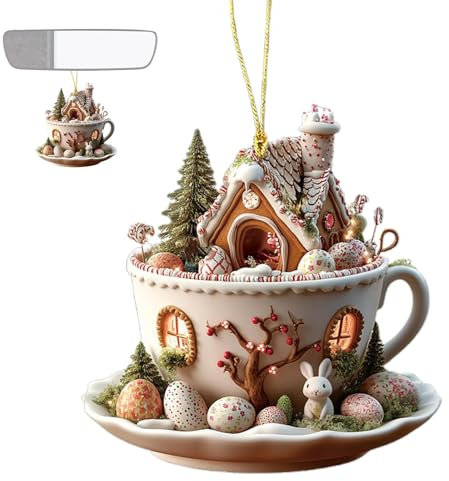 Osterei-Ornament mit Kaffeetassenhaus, Acryl, flach, zum Aufhängen, Bunte Osterbaum-Dekoration, lustiges und kreatives Frühlingsornament, stilvolle Feiertags-Schlüsselanhänger, Dekorations-Zubehör
