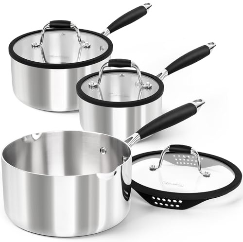MICHELANGELO Triply Stainless Steel Saucepan Set, Saucpans with Strainer Lid, 1QT & 2QT & 3QT, Silicone Lids, 6pcs