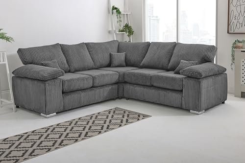 Oxford Grey Jumbo Cord Sofa | Foam-Filled Cushions & Chrome Feet | Comfortable Padded Design | 2 Seater, 3 Seater, 3+2 Seater, Corner Sofa Set – Soft Fabric Couch for Living Room(Grey, Corner)