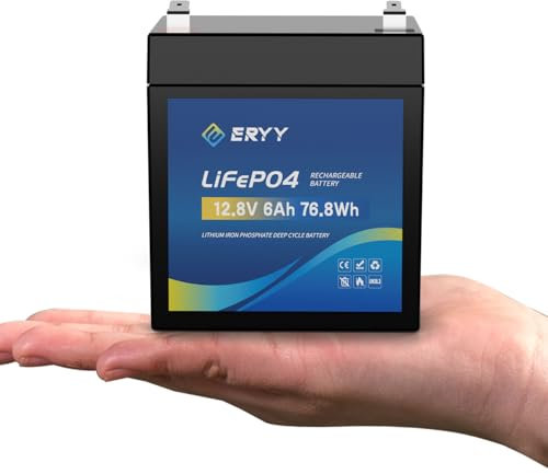 ERYY Batteria LiFePO4 12V 6Ah, 4000+ Cicli Mini Batteria al Litio con BMS 6A, Batteria Ricaricabile Leggera per Campeggio, Accumulo di Energia Solare, Telecamere di Sicurezza, Ecoscandaglio, Router