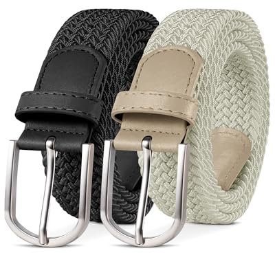 YOUCHAN 2er-Pack Gürtel für Damen und Herren Gürtel Elastische Flechtgürtel 3,3 cm Stretchgürtel mit Verstellbarer Dehnbarer Stoffgürtel Unisex Schwarz + Beige 120 cm