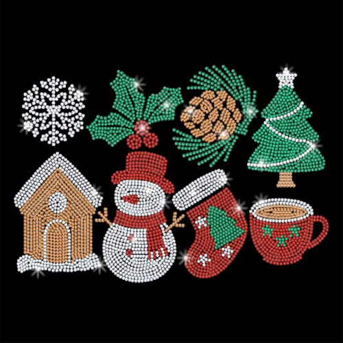 GOMAKERER 9 Stück Weihnachts Strass Transfer Zum Aufbügeln, Winter Schneeflocke Schneemann Hot fix Zum Aufbügeln Kristall Wärmeübertragungsaufkleber Kleidungsreparatur Für T Shirt Mütze Urlaubsparty