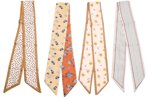 UOCAI 4 Stück Satin Seidentücher, Mode Schmale Haartuch, Halstuch Damen Handtaschen Schal, Leicht und Bequem Seidenschal, Bandana, für Handtaschen Zubehör, Geschenk, Haarschmuck, Haare & Hals